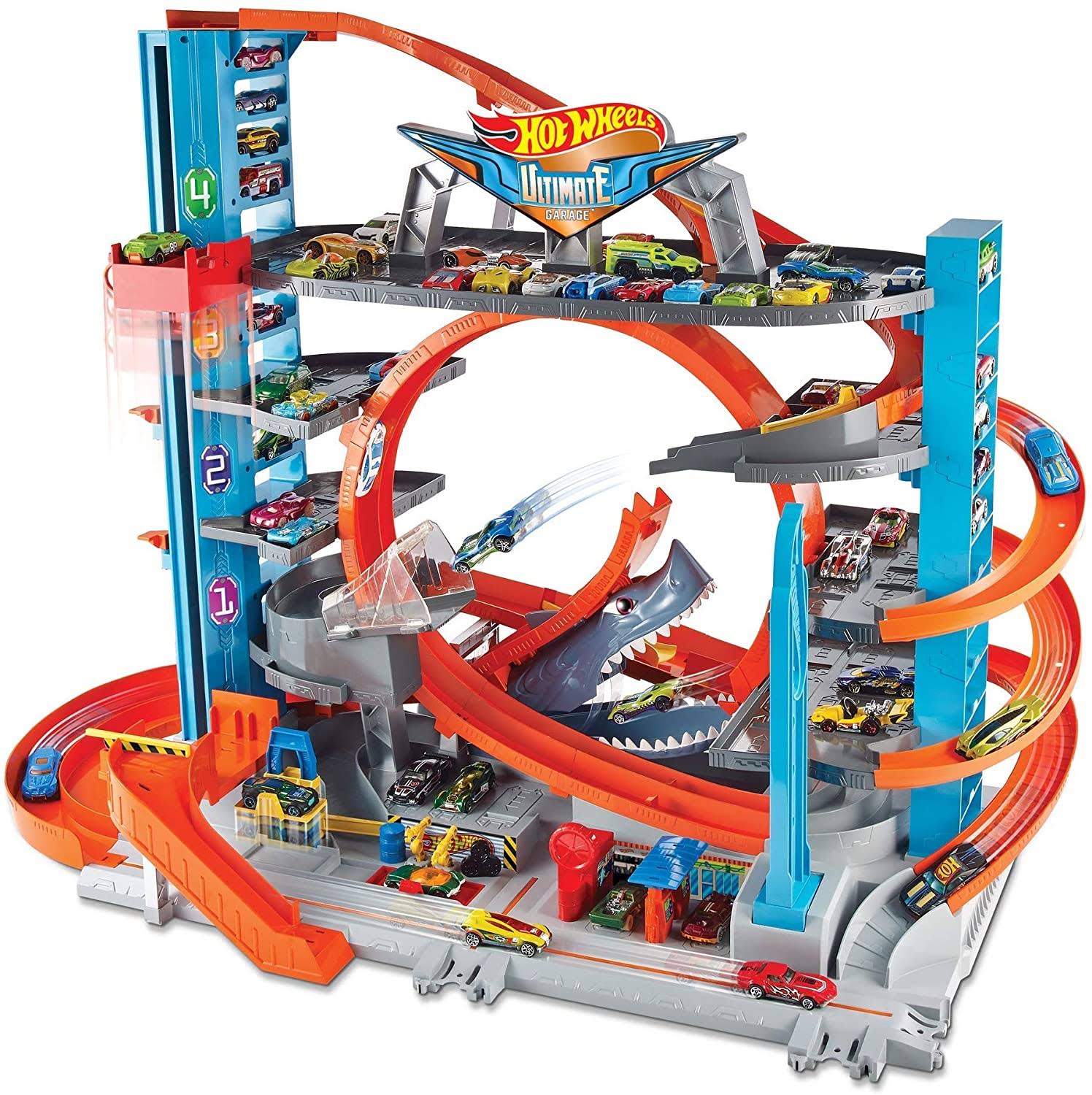 Hot Wheels Ultimate Garage Tower Shark Loop Racetrack, 2 Vehicles Set - Megean