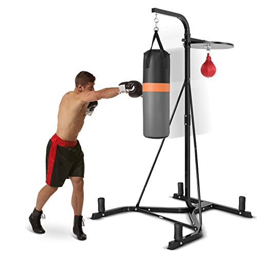 GYMAX Punching Bag with Stand Adult, Freestanding Boxing Machine with Height Adjustable Speed Ball & Sandbag