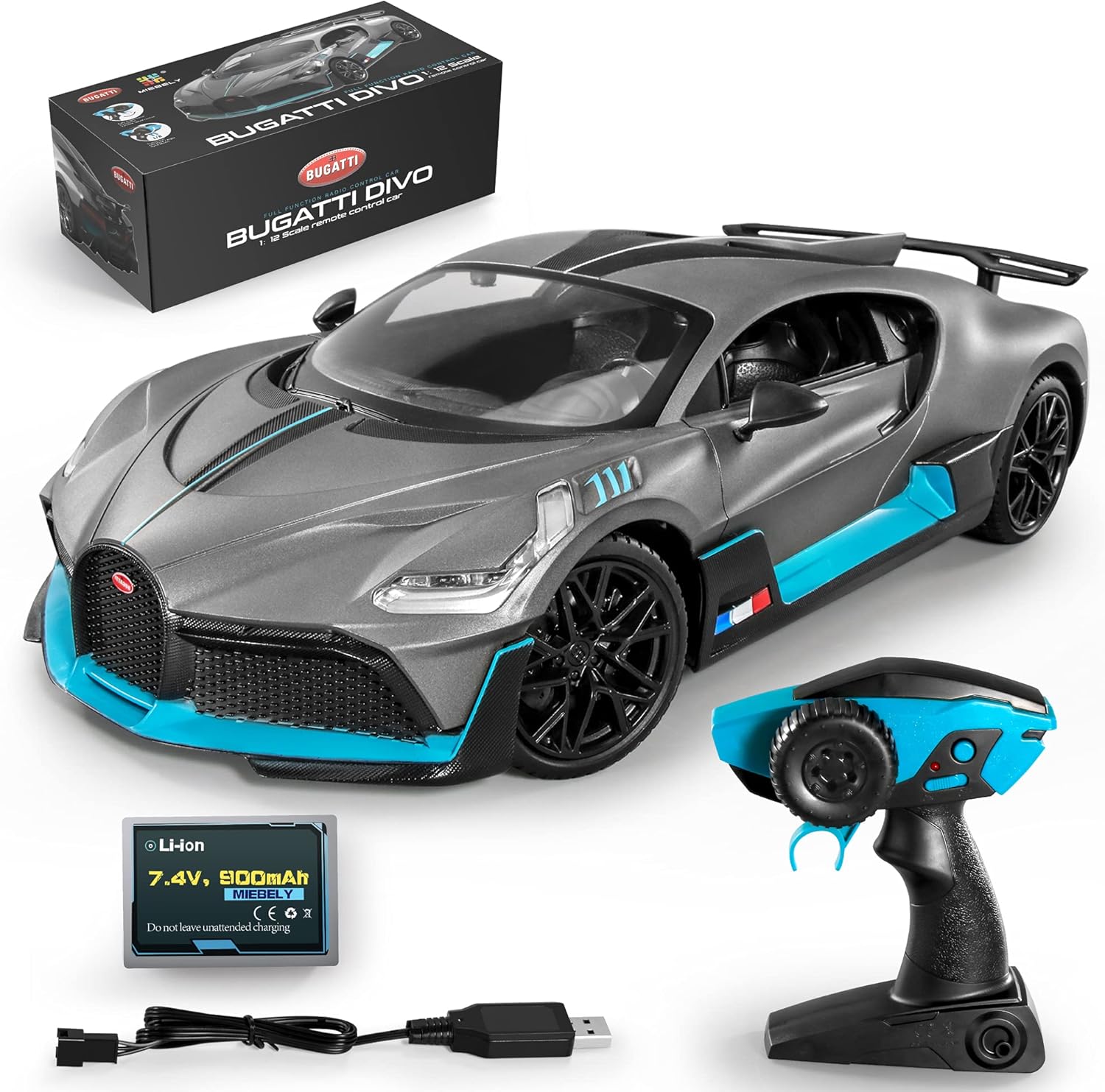 MIEBELY Bugatti Remote Control Car – 1/12 Scale RC Car for Children and Adults – Realistic Bugatti Divo Car with Lights – Detachable Steering Ring
