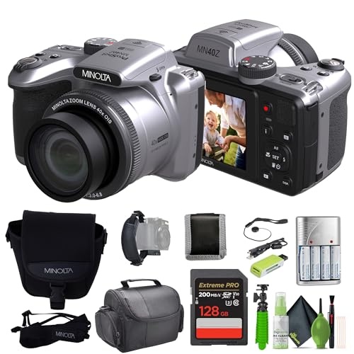 MINOLTA MN40Z 20 Mega Pixels 40x Optical Zoom Digital Camera with 1080p FHD Video (Purple) Bundle with 64GB Memory Card + Vlog Tripod + 4xAA Battery