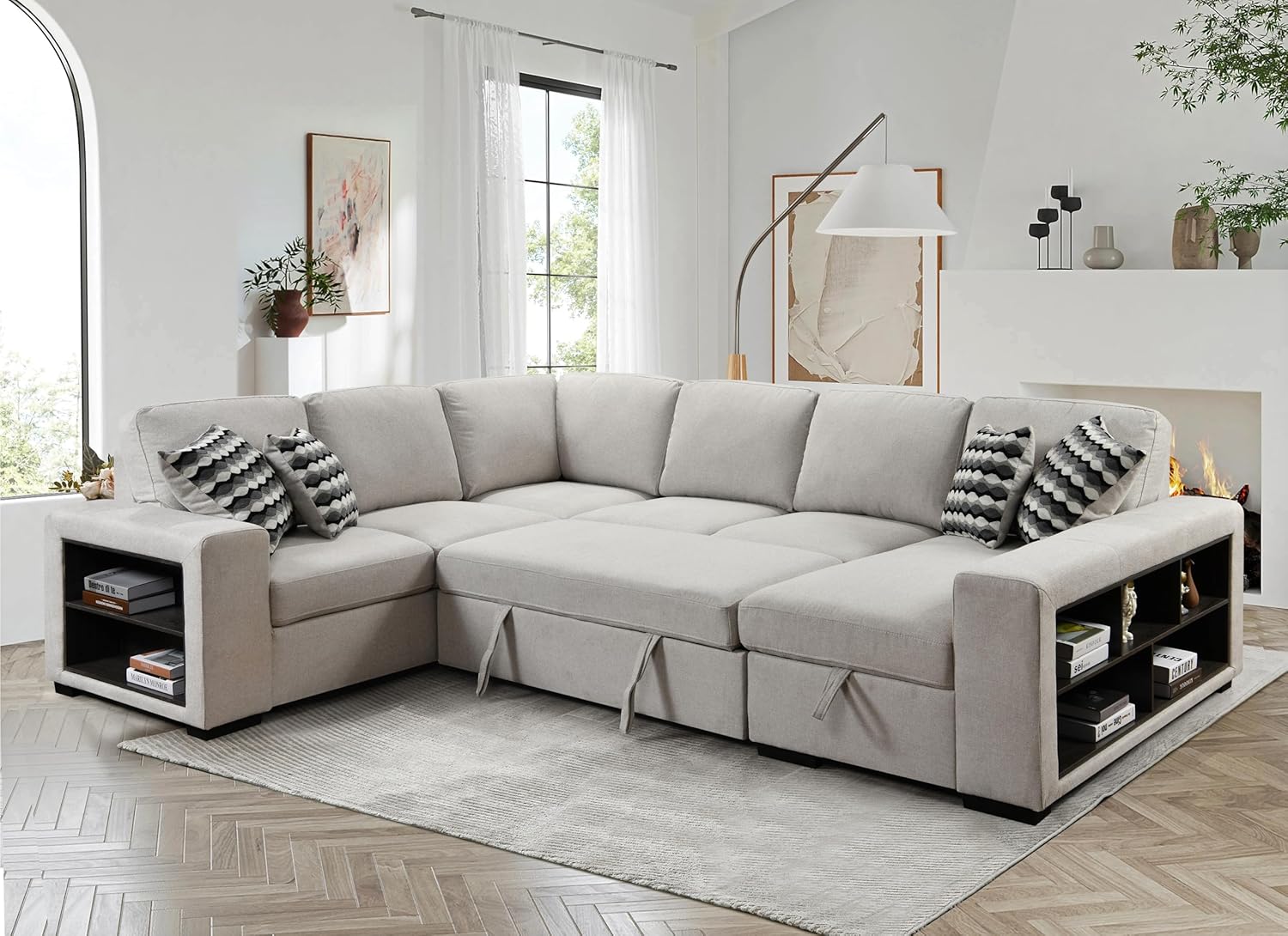 125'' Modern U Shaped 8 Seat Sectional Cabinet,Sofa Storage Chaise-Pull Out Couch Bed for Living Room, Beige
