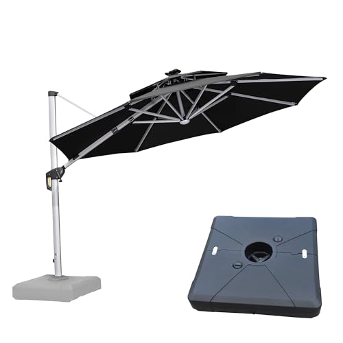 PURPLE LEAF 10ft Patio Umbrella With Base Solar powered LED Cantilever Umbrella with LED lights Windproof Outdoor Offset Umbrella for Garden Deck