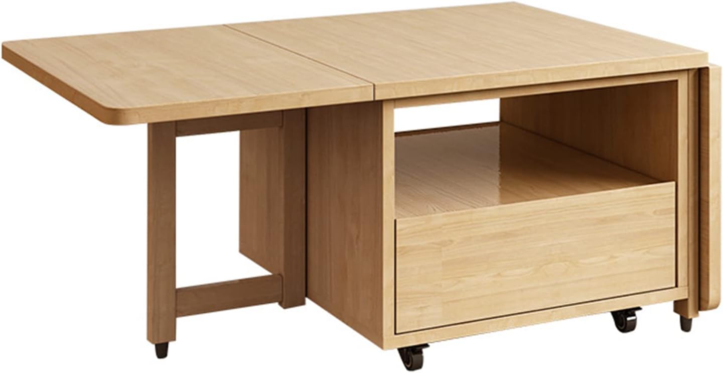 Folding Coffee Table, Multifunctional Dining Table, Solid Wood Drop-Leaf Tea Table with Rollers, Save Space