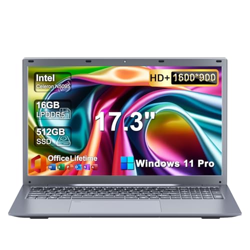 17 17.3 inch HD+ Laptop Computer, 16GB RAM 512GB SSD, Intel Celeron N5095(Up to 2.9Ghz), Wi-Fi, HDMI, Webcam, Backlit Keyboard, Fingerprint