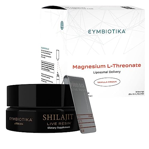 CYMBIOTIKA Liposomal Magnesium L-Threonate & Pure Shilajit Resin Bundle, Focus Memory Brain Support, 84+ Trace Minerals, Digestive & Immune Supplement