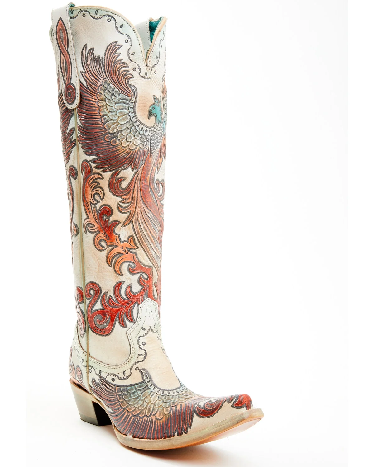 Corral Women's Fire Phoenix Hand Tooled And Painted Tall Western Boot Snip Toe White 7 1/2 M US