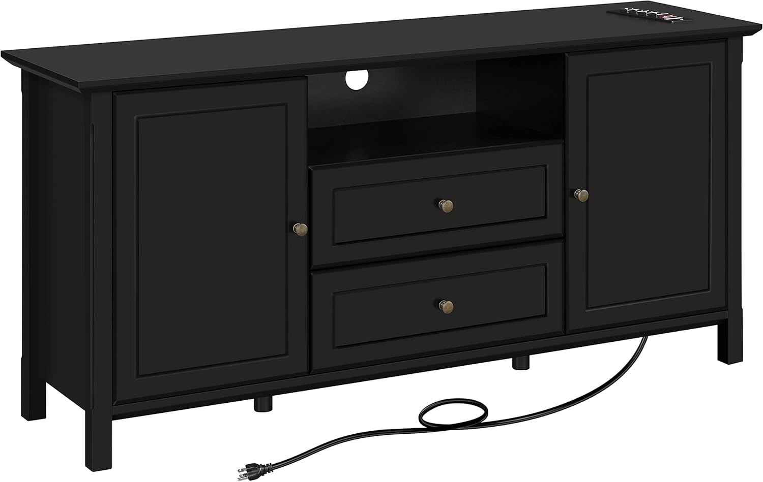 Topeakmart Black Media Entertainment Center with Power Outlet & Storage Cabinets, Elegant TV Stand with Adjustable Shelves for Living Room