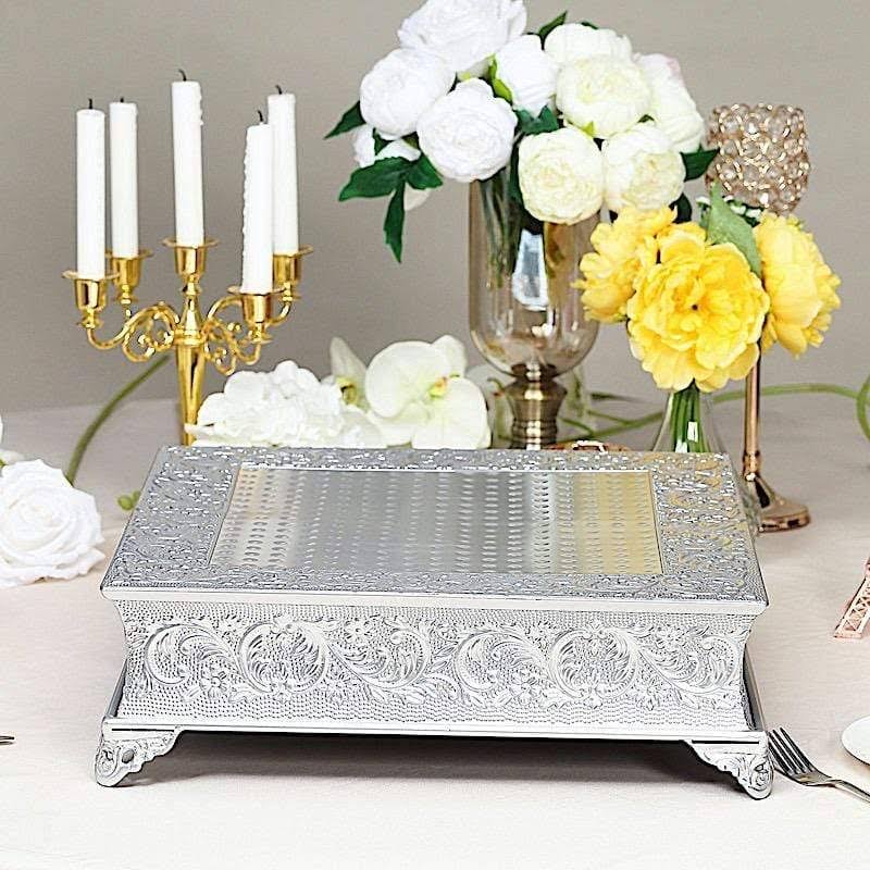 18x18 in Wide Silver Square Embossed Wedding Cake Stand Riser