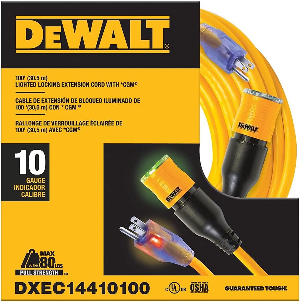 50 Foot 10/3 SJTW DEWALT Click-to-Lock Lighted Extension Cord