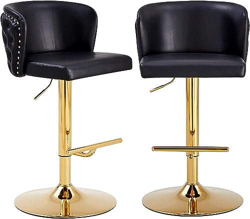 Modern Swivel Barstool Set of 2, PU Leather Upholstered Height Adjustable Counter Chairs Stools with Tufted Back & Golden Metal Base for Pub, Kitchen