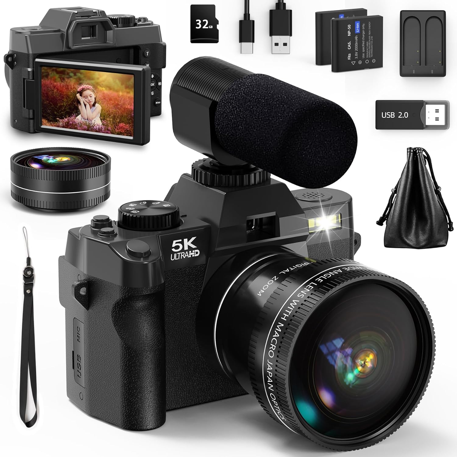 NBD Digital Cameras for Photography 5K,48MP Autofocus Vlogging Camera for YouTube with 32GB TF Card & 2 Batteries