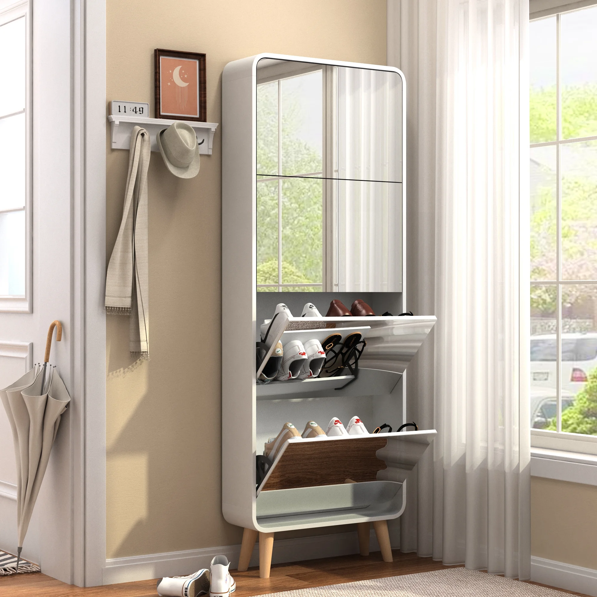 Holaki Shoe Cabinet, 4 Flip Drawers Free Standing Shoe Rack with Mirror, White Wood Slim Shoe Storage Cabinet for Entryway, Hallway, and Corridor