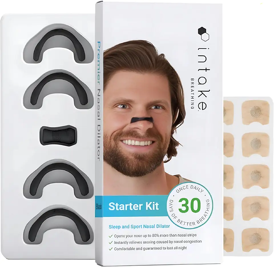 Intake Breathing Nasal Strip Starter Kit (30 Count, Black) - Boost Oxygen Intake, Reduce Snoring, Improve Sleep Quality - Sweat Resistant