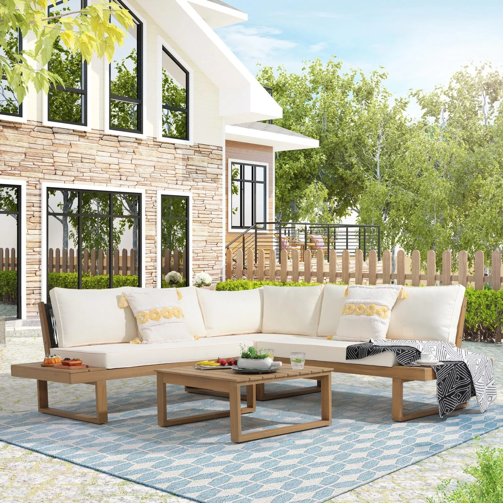 OC Orange-Casual Outdoor 4-Piece Acacia Wood Furniture Set, All-Weather Patio Sectional Sofa Set, Rope Lounge Couch with Wood Table