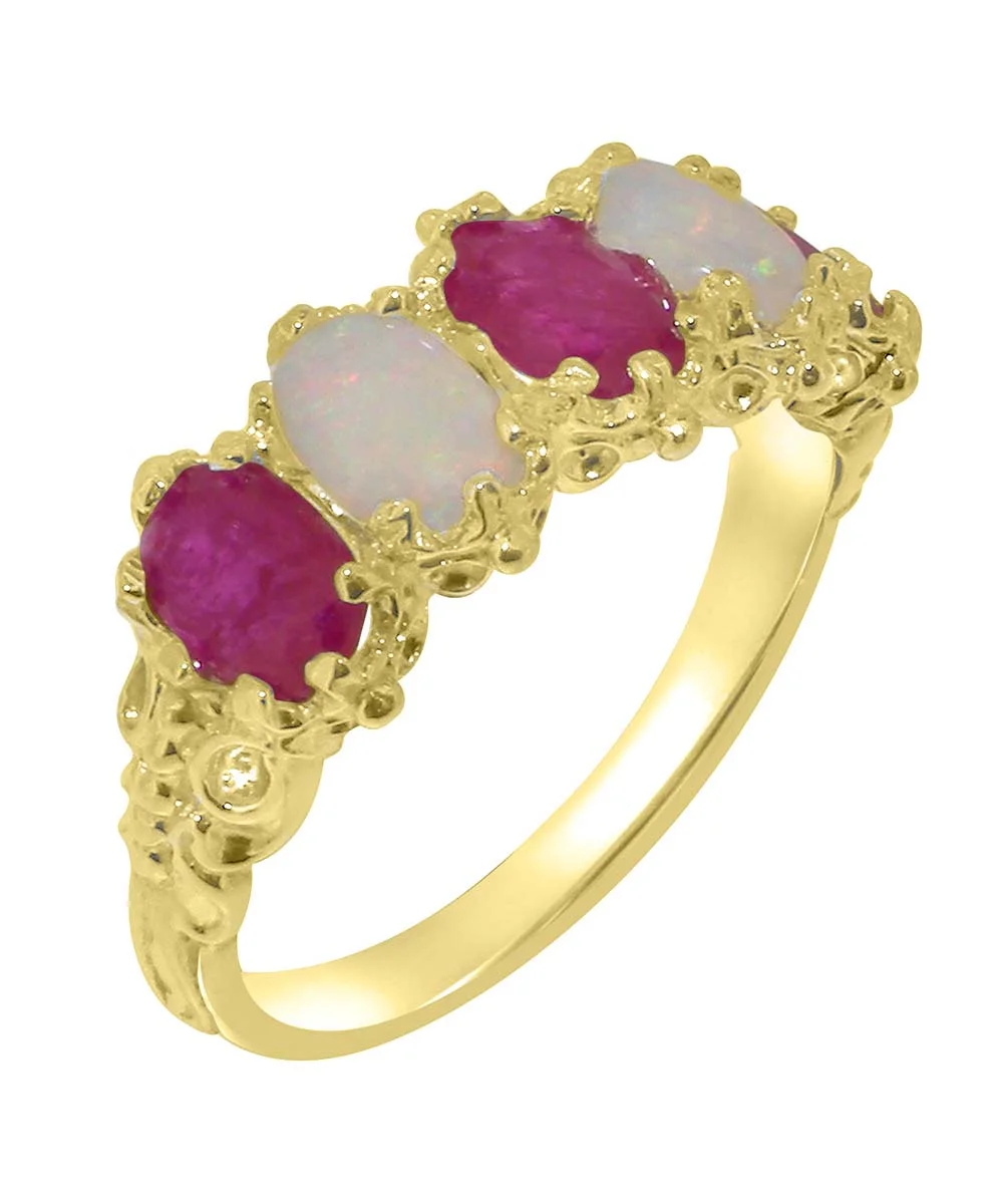 LBG British Made 10k Yellow Gold Natural Ruby & Opal Womens Eternity Ring - 33 size options - Size 10