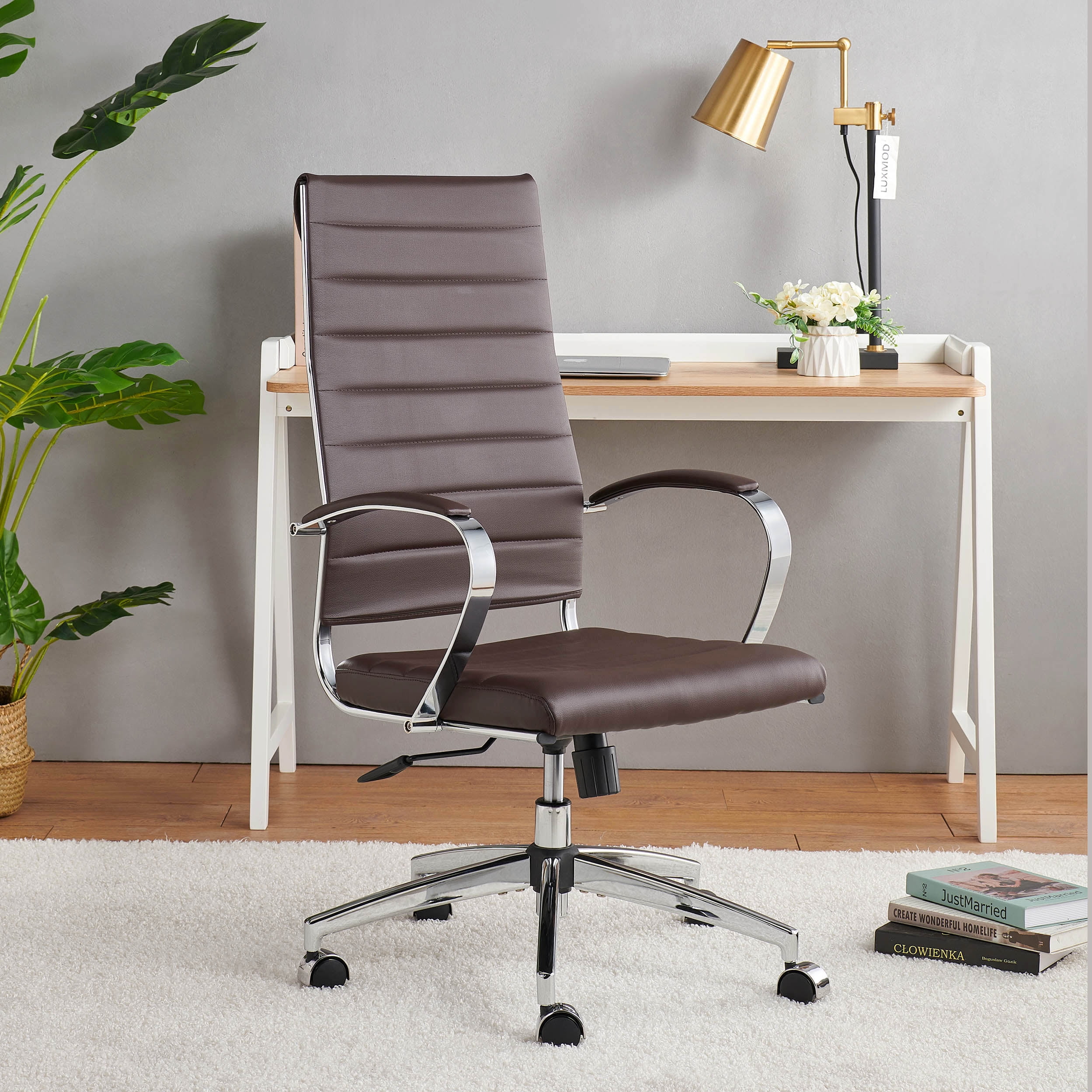 LUXMOD High Back Executive Office Chair with Armrest Adjustable Swivel Chair Brown Leather Office Chair Modern Office Chair Ergonomic Desk Chair for