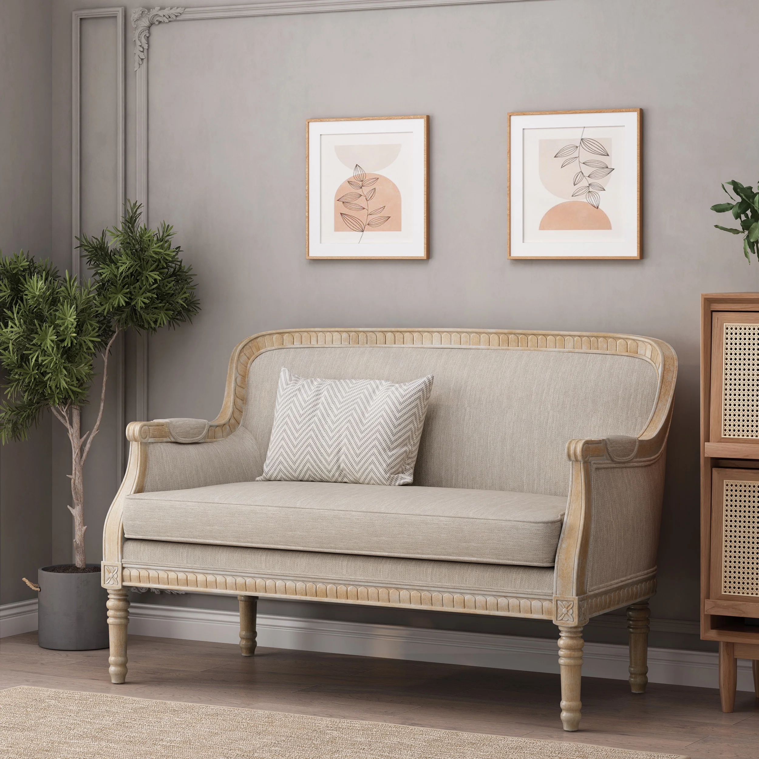 Noble House Litch Indoor French Country Fabric Upholstered Loveseat, Natural and Beige
