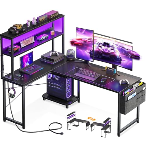 AODK L Shaped Desk Gaming Desk with LED Light & Power Outlet