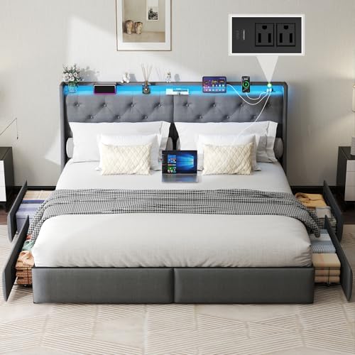 Queen Bed Frame with 2 Storage Drawers, Platform Bed Frame Queen Size with LED Light, Upholstered Headboard, Charging Station, Steel Slat Support