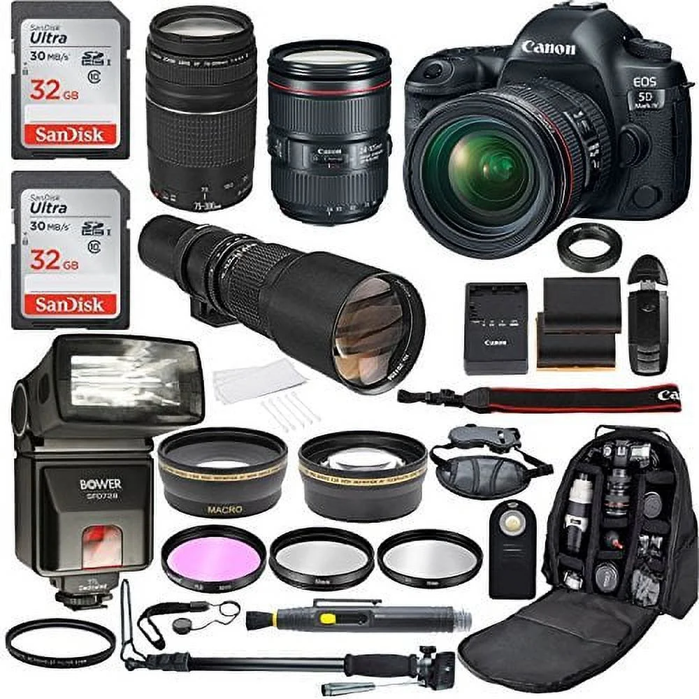 Canon EOS 5D Mark IV Full Frame Digital SLR Camera with EF 24-105mm f/4 L2 IS USM Lens + EF 75-300mm f/4-5.6 III + 500mm Telephoto Zoom + 2pc SanDisk