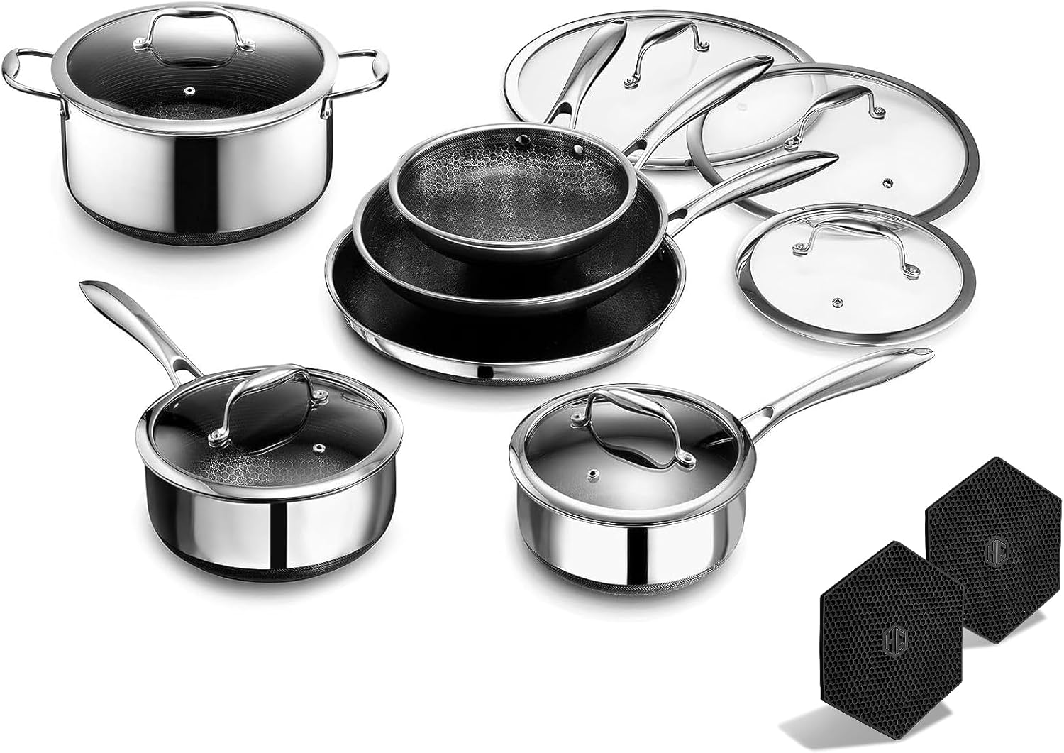 HexClad 12 Piece Hybrid Stainless Steel Cookware Set - 6 Piece Frying Pan Set and 6 Piece Pot Set with Lids, Stay Cool Handles, Dishwasher Safe