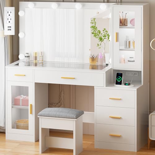 BEWISHOME 49.2" Large Vanity Desk with Mirror and Lights,White Makeup Vanity Table with Glass Top,Stool,Makeup Desk with Power Outlet,Drawers,Cabinet