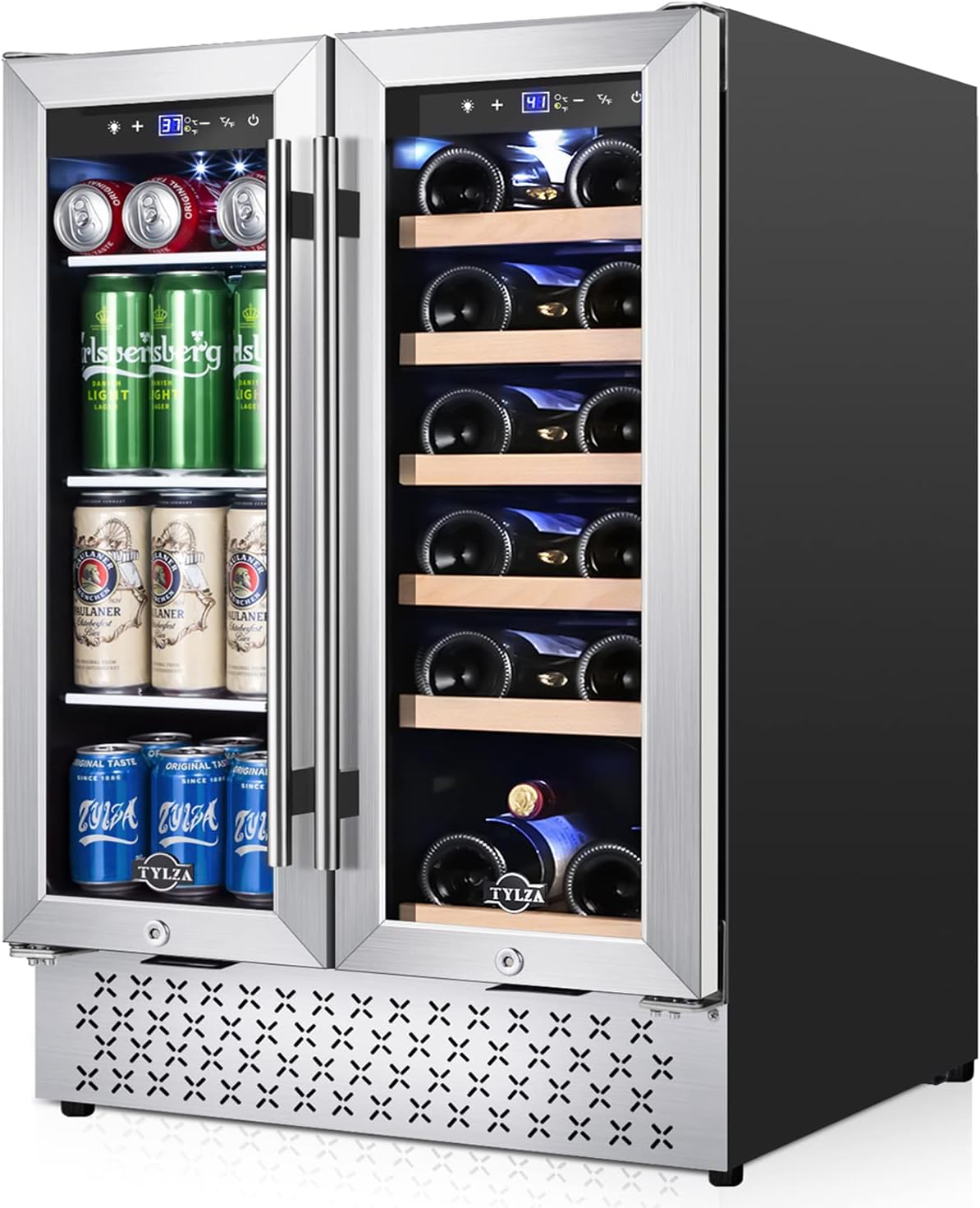 Tylza Wine and Beverage Refrigerator 24 Inch Dual Zone, French Door Wine and Beverage Cooler 24'' Built-In or Freestanding Drink Fridge