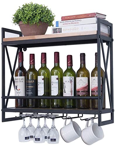 Industrial Wine Racks Wall Mounted,Hanging Wine Rack,Ic Wall Shelf with 4 Stem Glass,2-Tiers Wood Floating Shelves,Home Kitchen Decor Display Rack