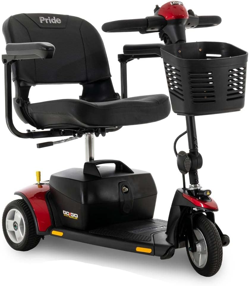Pride Mobility Go-Go Elite Traveller 3-Wheel SC40E 18AH, Indoor & Outdoor Travel Electric Mobility Scooter w/Red & Blue Shroud Inserts for Adults