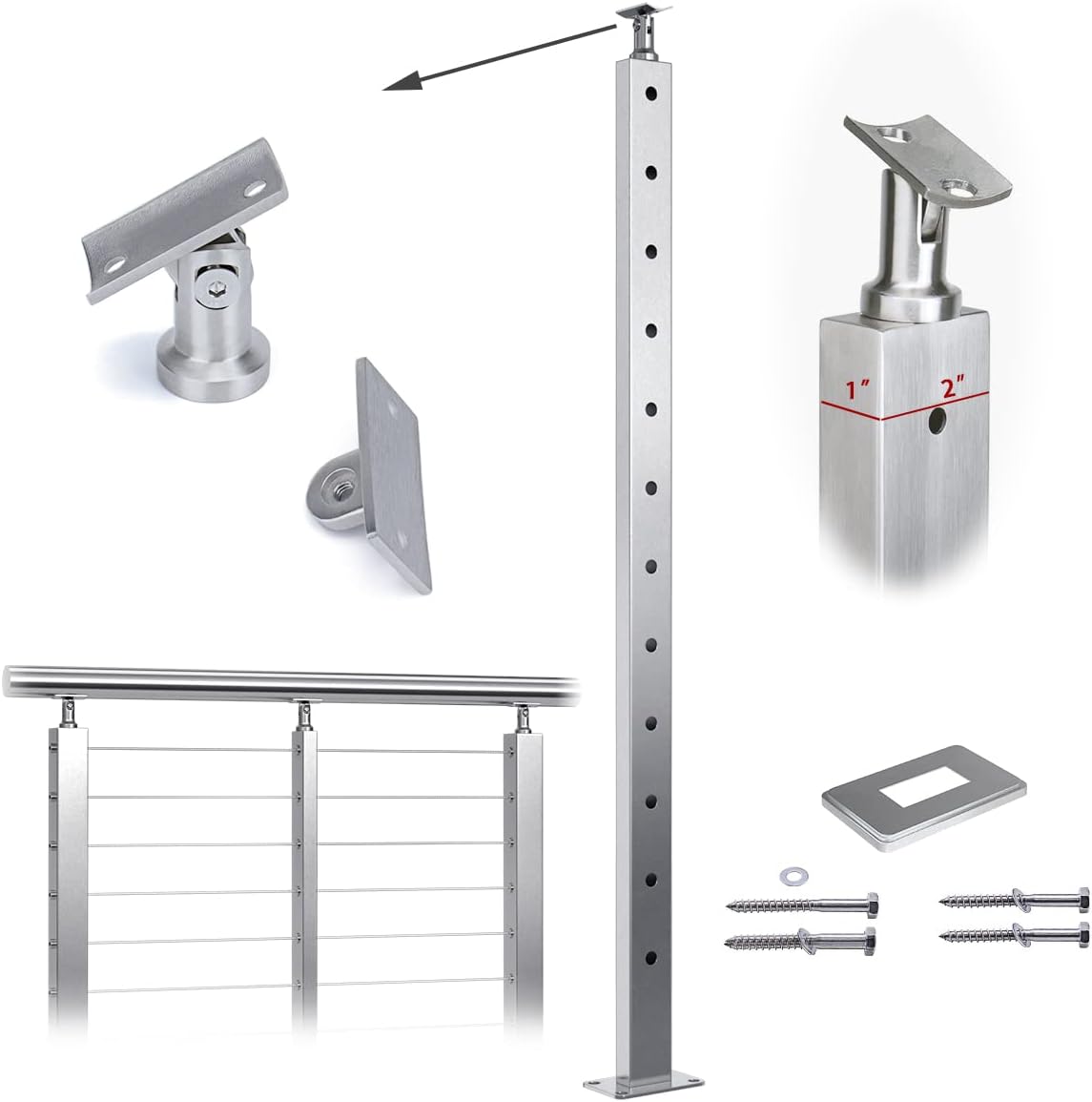 Muzata Cable Railing Post Intermediate Stabilizer 42"x1"x2" Stainless Steel Brushed Finishing Pre-Drilled Post Surface Mount for Wood Concrete Level