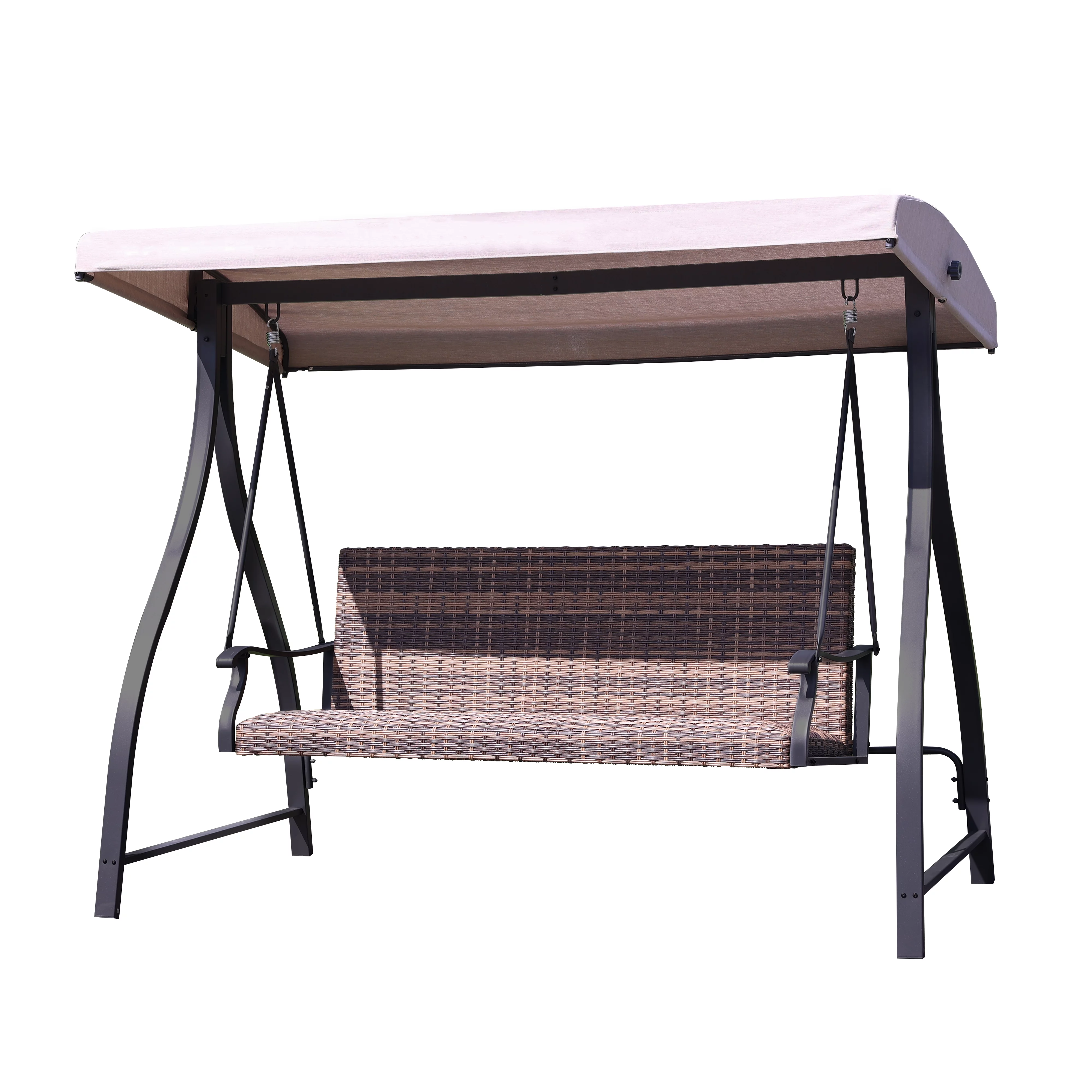 Aoodor-3-Seat Outdoor Rattan Patio Swing with Adjustable Brown Canopy, Built-in Quick-drying Foam Seat, Rattan Wicker, Rust-resistant Iron Frame