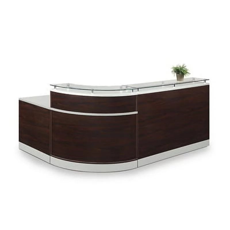 Esquire Glass Top Reception Desk 79"W x 63"D Mahogany Laminate/Silver Laminate Desktop Kickplate and Accents/Glass Top