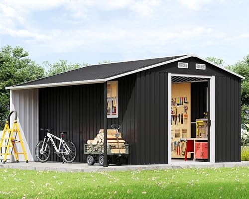 Jocisland 10.6x10.3x6.3 FT Outdoor Storage Shed with Sliding Doors & Two 4-Pane Windows, Open Outdoor Shed for Wood Storage, Dark Grey/White