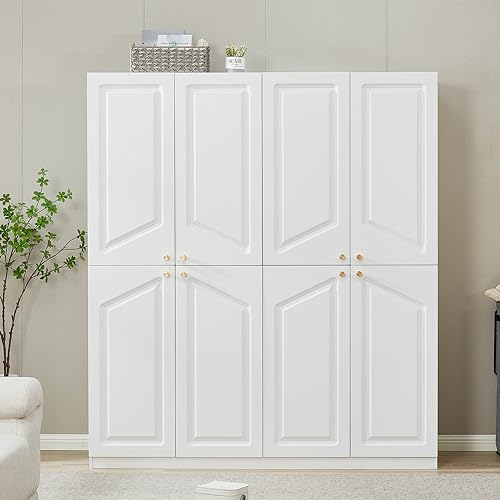 Wooden Armoire Wardrobe Closet Cabinet, 4 Door 2 Drawers White Cabinet for High Storage Capacity