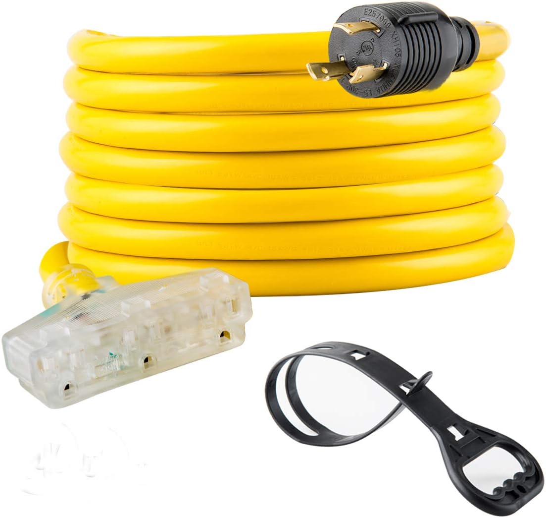 25 Feet Heavy Duty Generator Extension Cord,Generator Locking Cord,NEMA L5-30P/Three 5-15R, 3 Prong 10 Gauge Flexible Generator Cable