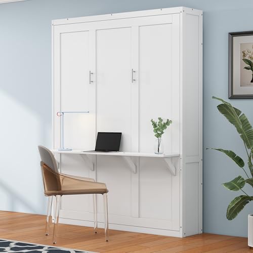 SOFTSEA Full Size Murphy Bed with Desk Combo, 61.5 inch Murphy Bed Frame, Foldable Wall Bed for Guest Room Study Room Bedroom Apartment