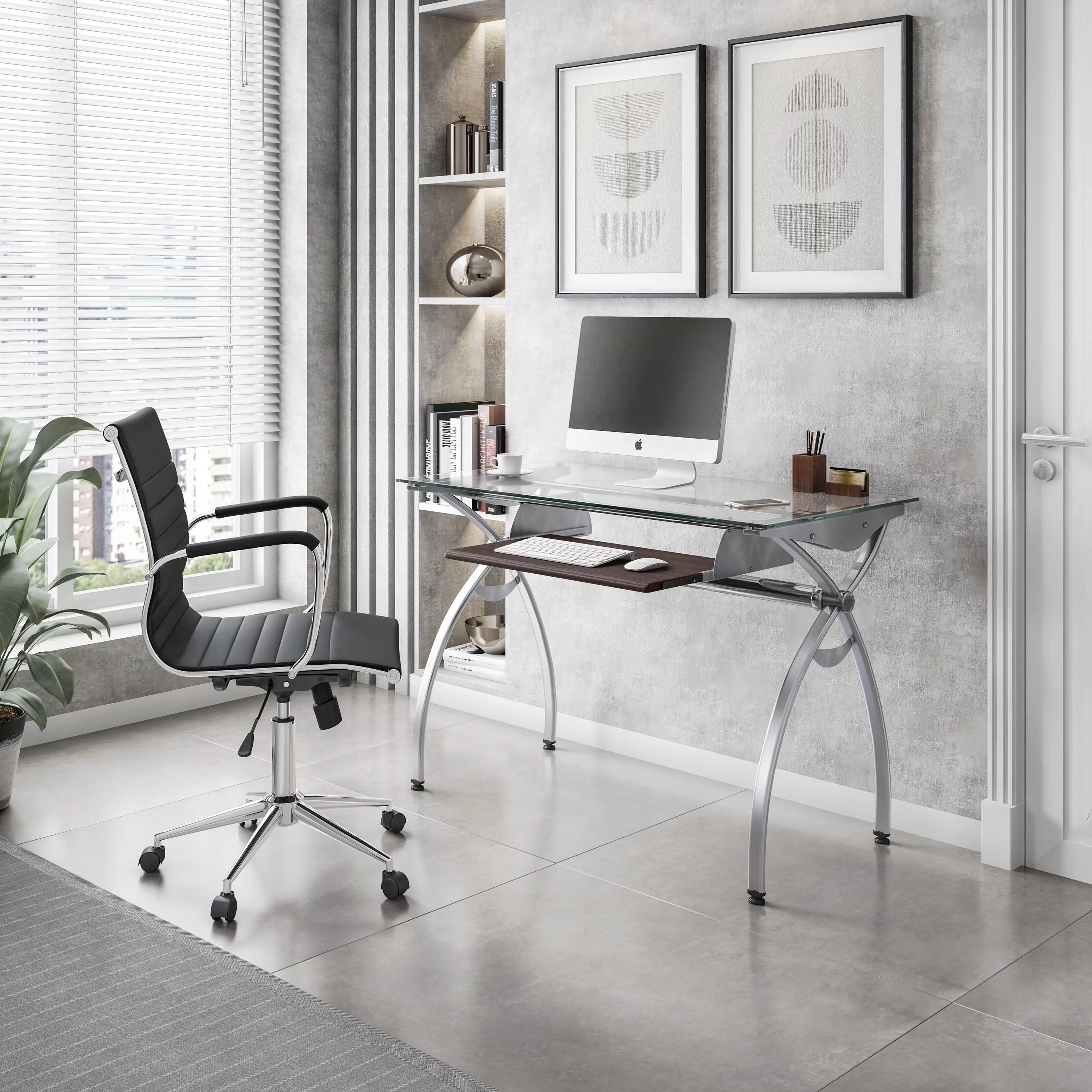 Techni Mobili Glass Top Computer Desk with Keyboard Tray & Silver Legs for Home Office or Study