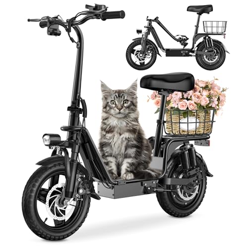 Adults Electric Scooter with Seat, 48V 10.4AH Foldable Electric Scooter,14" Tires,750W Motor,20MPH, 28-Mile Long Range and Dual Disc Brakes