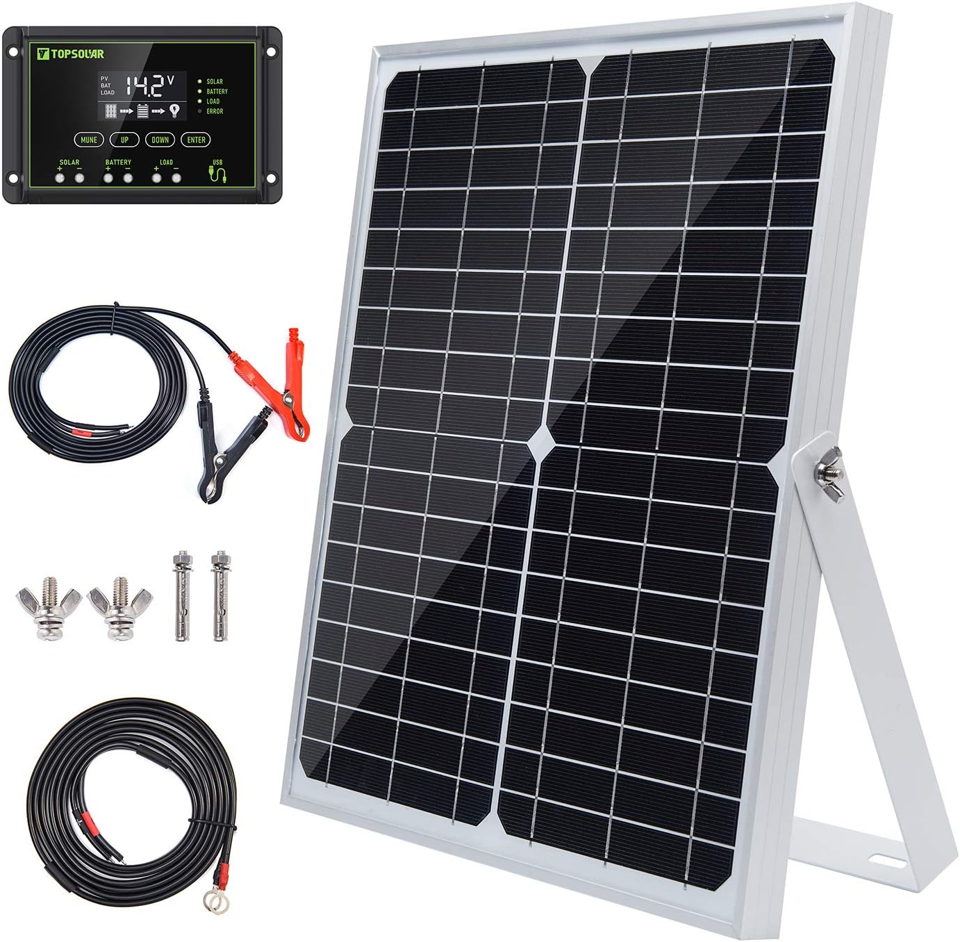 Topsolar 20W 12V Solar Panel kit Battery Charger Maintainer + 10A PWM Solar Charge Controller + Adjustable Mount Tilt Rack Bracket + Solar Cable for