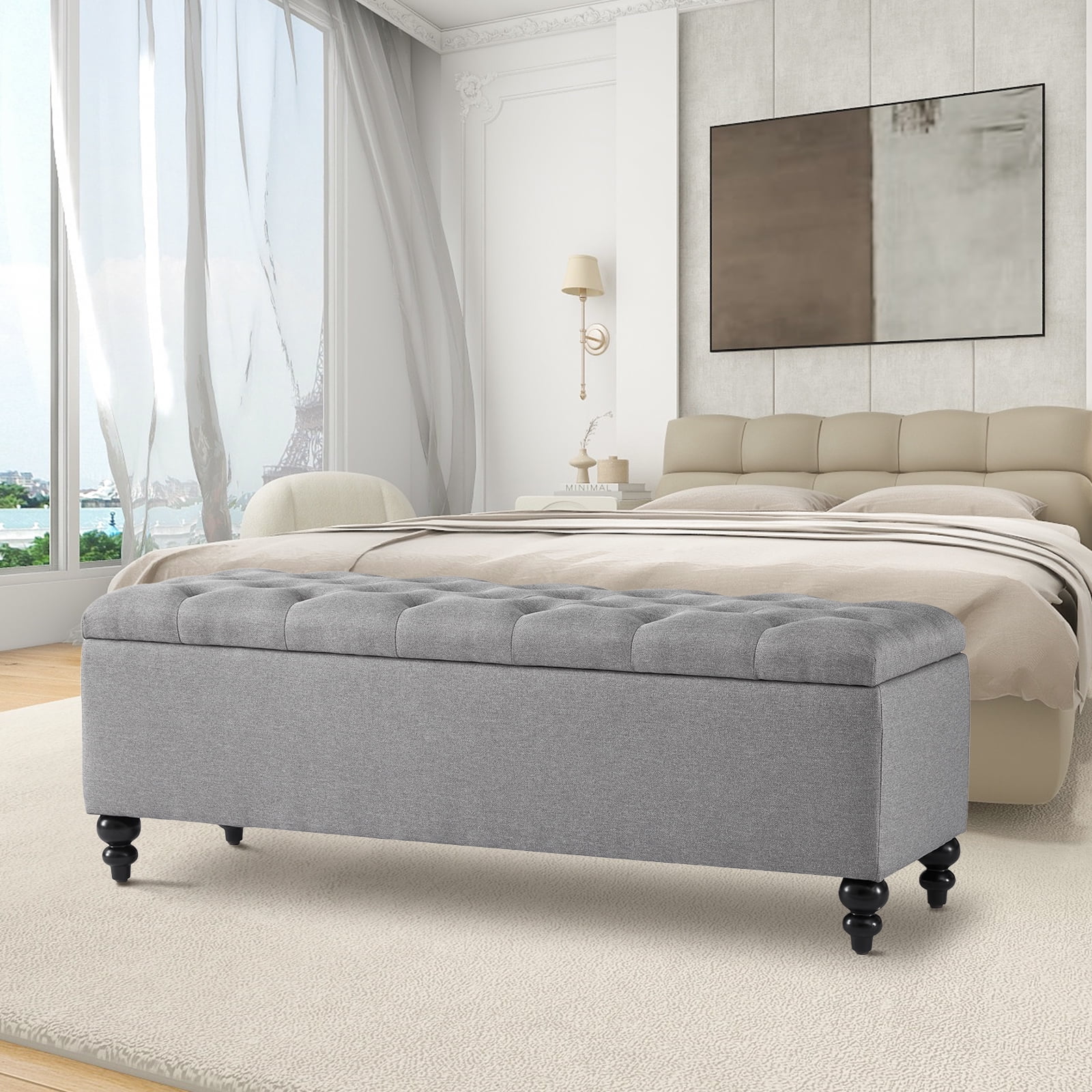 Ottoman with Storage 50.2 Inches Upholstered Fabric Storage Ottoman Bench，Button Tufted Ottoman with Storage for Living Room，Bedroom End of Bed Bench