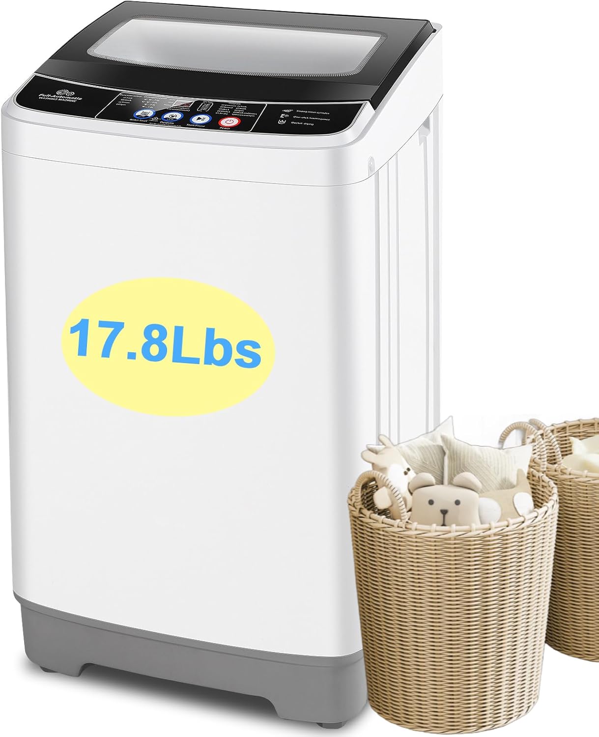 Nictemaw Portable Washing Machine 17.8 Lbs Capacity Portable Washer with Drain Pump, 2.4 Cu.ft Compact Laundry Washer with Glass Top Lid