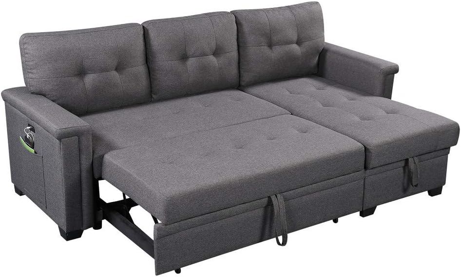 Nathan 84" Dark Gray Reversible Sleeper Sectional Sofa with Storage Chaise, USB Charging Ports and Pocket