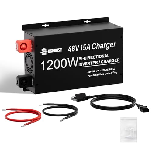 DC HOUSE 48V 15A Lithium Battery Charger, 800W Lifepo4 Battery Charger, 1200W Pure Sine Wave Inverter with 2 AC Outlets,3 LED Indicator, Cooling Fan