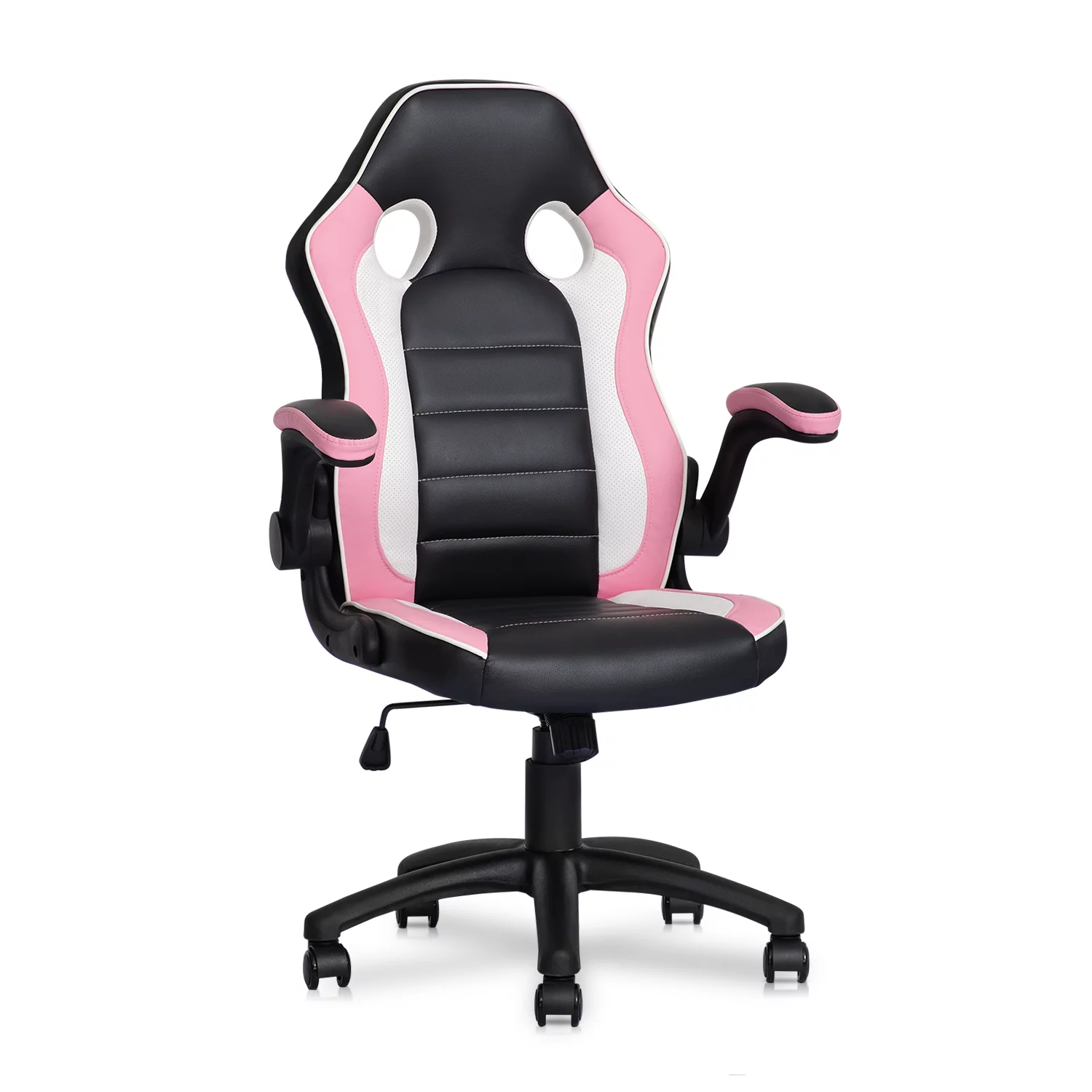 MoNiBloom PU Leather Computer Gaming Chair, with Flip-Up Arms Working Desk Office Seat, Black/Pink
