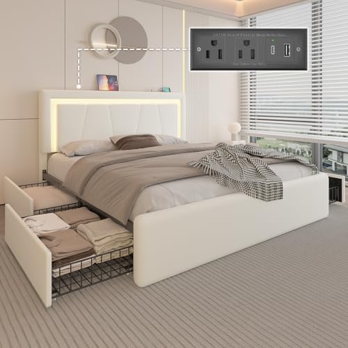 Full Size Bed Frame with 4 Storage Drawers and LED Lights, Upholstered Platform Bed with Adjustable Headboard and Charging Station