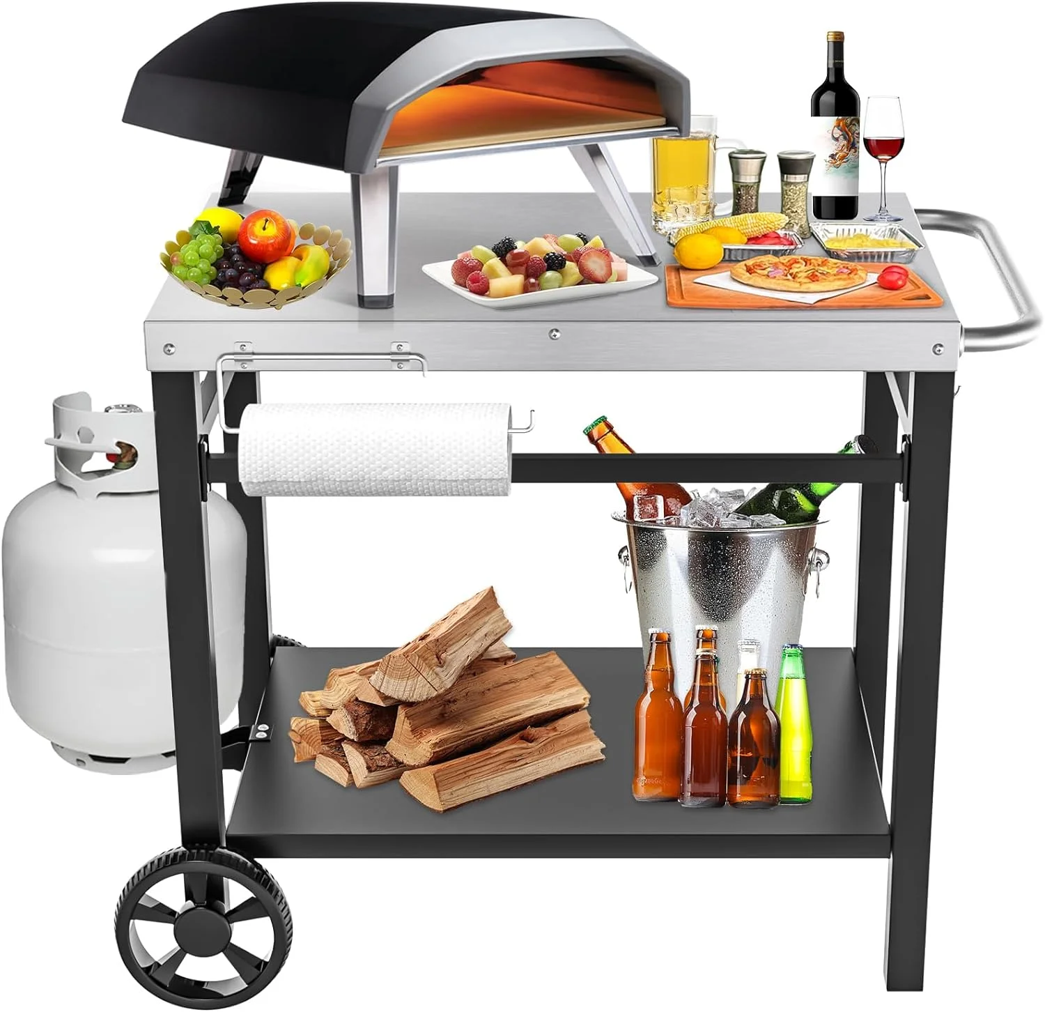 GRILL FORCE Outdoor Grill Cart Table,Movable Dining Cart Table, Pizza Oven Table Stand,Food Prep and Work Table Cart,BBQ Grill Carts with Wheels
