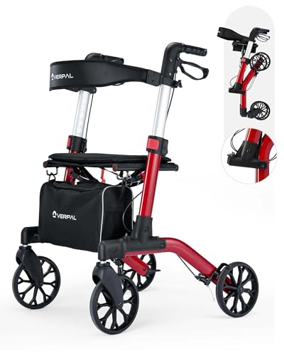 Rollator Walker with Seat, Foldable Rolling Walker with Durable Aluminum, Height Adjustable, 8" Big Wheels for All Terrain