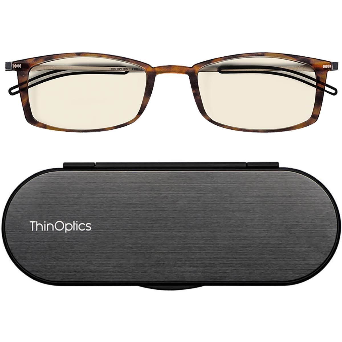 ThinOptics Front Page Blue Light Blocking Computer Glasses + Milano Black Case [Tortoise +0.00]