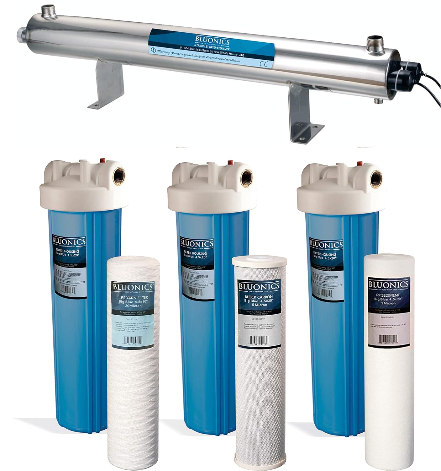 Bluonics 110W UV Ultraviolet Light Plus Sediment and Carbon Well Water Filter Purifier System with NPT 1" Ports