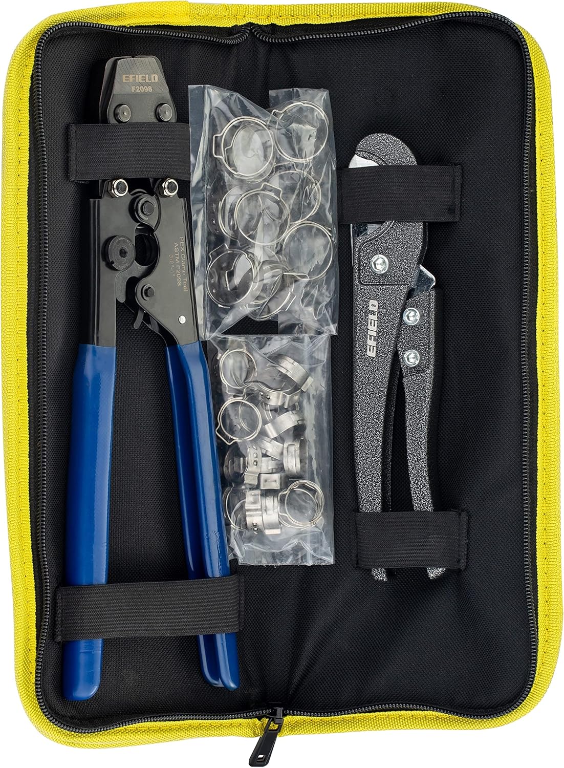 EFIELD Heavy-Duty Canvas Bag/Pex Cinch Clamp Crimping Tool for Stainless Steel Clamps from 3/8" to 1" with Pipe Cutter 20pcs 1/2"